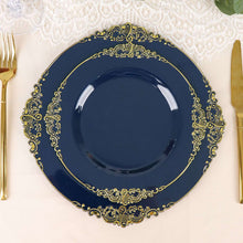 10 Pack Plastic Dessert Salad Plates In Vintage Navy Blue, Gold Leaf Embossed Baroque Disposable