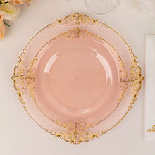 10 Pack Plastic Dessert Salad Plates In Vintage Transparent Blush, Gold Leaf Embossed Baroque Disposable Plates 8" Round