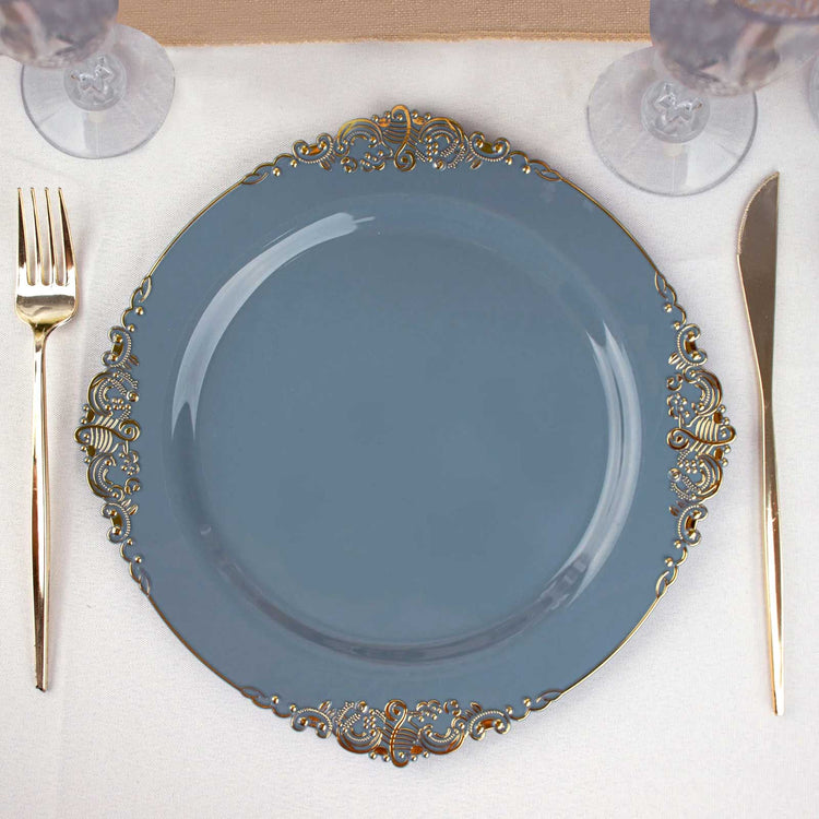 10 Inch Size Vintage Dusty Blue Color Gold Leaf Embossed Rim Dinner Plates