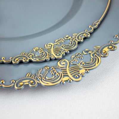 Elegant gray dinner plates with intricate gold detailing.