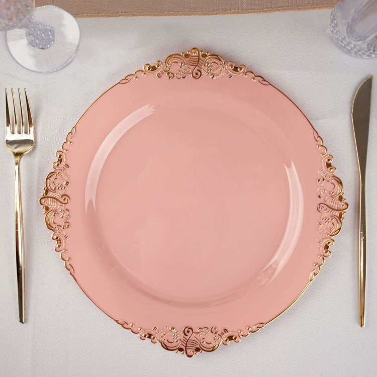 Set Of 10 Inch Dusty Rose Plastic Dinner Plates With Gold Leaf Embossed Design