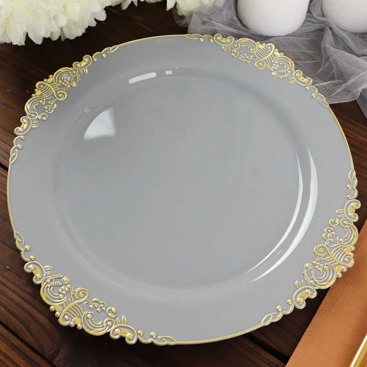 10 Pack Round Plastic Plates in Vintage Gray with Gold Leaf Embossed Baroque Design 10 Inch