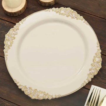 10 Pack Plastic Dinner Plates in Vintage Ivory, Gold Leaf Embossed Baroque Disposable Plates 10" Round