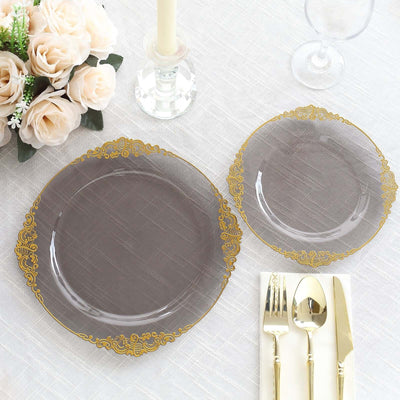 Elegant grey plates with gold trim, perfect for dining occasions.