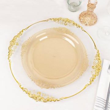 10 Pack Plastic Dinner Plates in Vintage Transparent Amber, Gold Leaf Embossed Baroque Disposable Round Plates - 10"