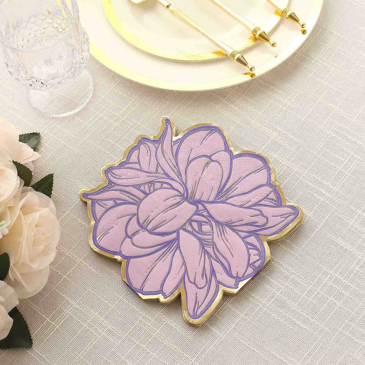 20 Pack Purple Peony Flower Shaped Paper Beverage Napkins with Gold Edges, Disposable Party Cocktail