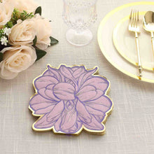 20 Pack Purple Peony Flower Shaped Paper Beverage Napkins with Gold Edges, Disposable Party Cocktail