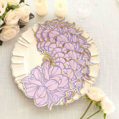 Purple floral coasters arranged on a decorative plate.