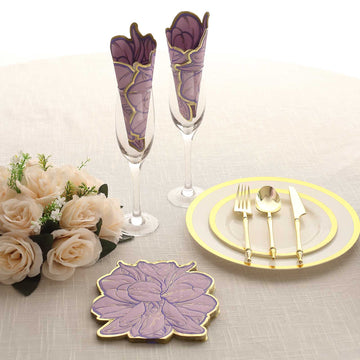 Purple Peony Flower Shaped Paper Beverage Napkins with Gold Edges