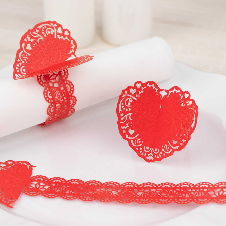 12 Pack Red Shimmery Laser Cut Heart Paper Napkin Rings with Lace Pattern