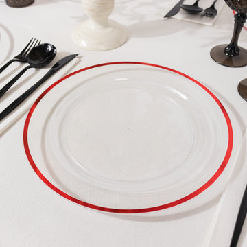 10 Pack Clear Regal Plastic Dinner Plates With Red Rim, Round Disposable Party Plates - 10"