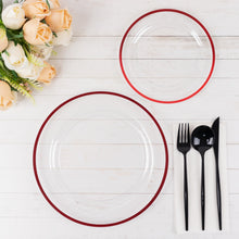 10 Pack Clear Regal Plastic Dinner Plates With Red Rim, Round Disposable Party Plates