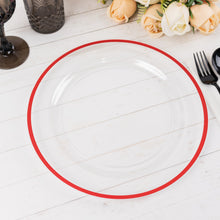 10 Pack Clear Regal Plastic Dinner Plates With Red Rim, Round Disposable Party Plates