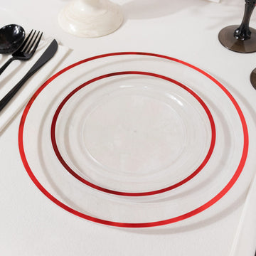 10 Pack Clear Regal Plastic Appetizer Dessert Plates With Red Rim, Round Disposable Salad Plates - 7"
