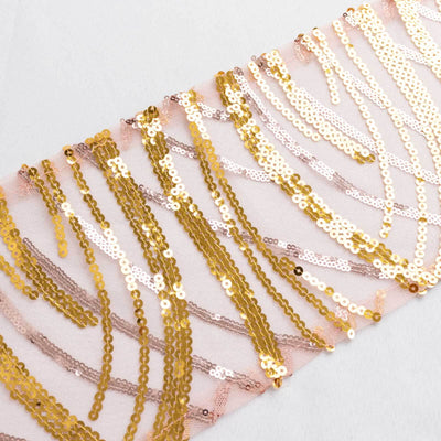 Gold and pink sequin fabric in wavy pattern.