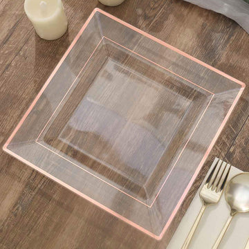 10 Pack Rose Gold Trim Clear Square Plastic Dinner Plates, Disposable Party Plates 10"