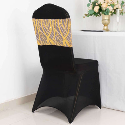 Elegant black chair with decorative gold and gray backrest against a white backdrop.