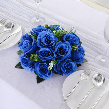2 Pack Royal Blue Artificial Flower Ball Bouquets For Centerpieces, 15-Head Silk Rose Kissing Balls 10"