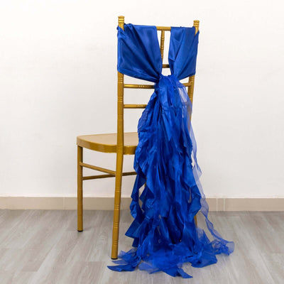 Blue satin chair sash draped elegantly on a gold chair.