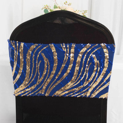 Navy and gold sequin chair cover sash for elegant decor