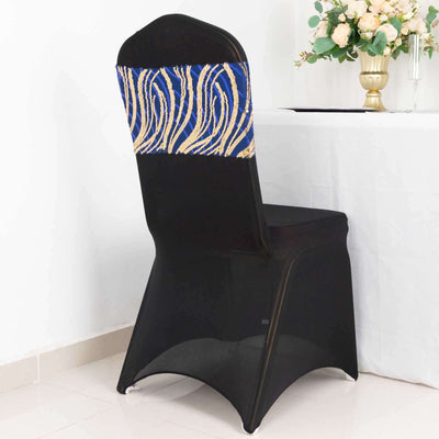 Elegant black chair with decorative blue and gold backrest against a white backdrop.