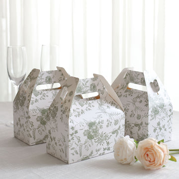 25 Pack White Sage Green Party Favor Gift Tote Gable Boxes with Leaf Floral Print, Candy Treat Boxes - 6"x3.5"x7"
