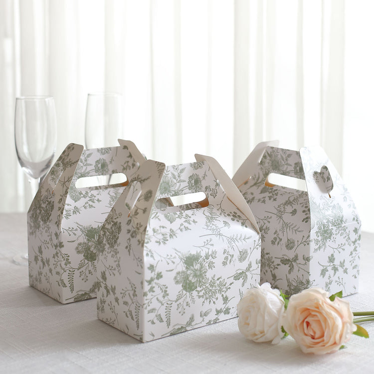 25 Pack White Sage Green Party Favor Gift Tote Gable Boxes with Leaf Floral Print