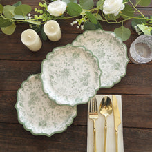 25 Pack Sage Green Floral Leaf Print Dessert Paper Plates with Scalloped Rim