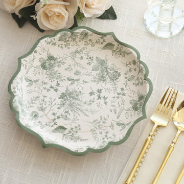 25 Pack White Sage Green Floral Leaf Print Dinner Paper Plates with Scalloped Rims, 10" Round Disposable Party Plates - 300GSM