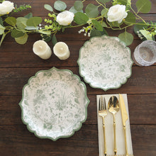 25 Pack Sage Green Floral Leaf Print Dinner Paper Plates with Scalloped Rims
