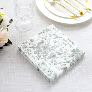 Elevate Your Event with White Sage Green Floral Print Paper Beverage Napkins