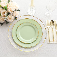 10 Pack Sage Green Plastic Appetizer Dessert Plates with Gold Beaded Rim, Disposable Round Salad
