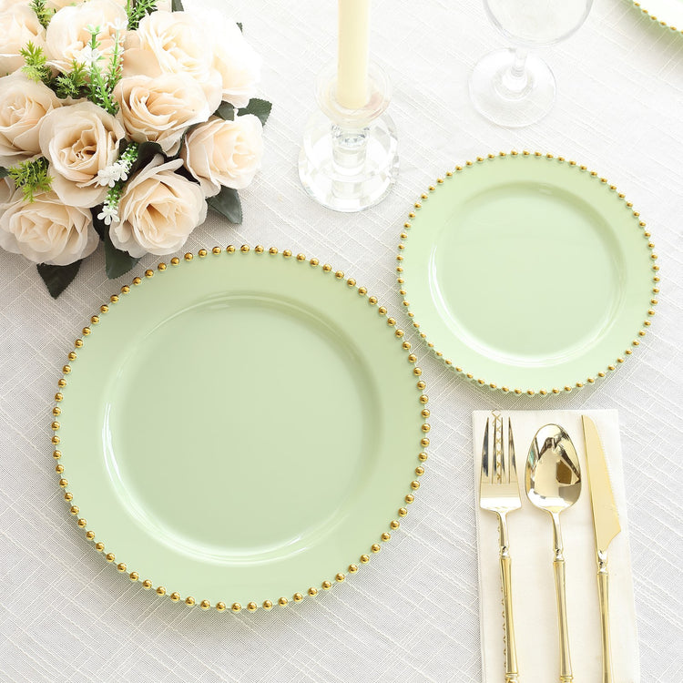 10 Pack Sage Green Plastic Dinner Plates with Gold Beaded Rim, Round Disposable Party Plates 10inch