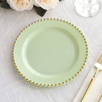 10 Pack Sage Green Plastic Appetizer Dessert Plates with Gold Beaded Rim, Disposable Round Salad Plates - 8"