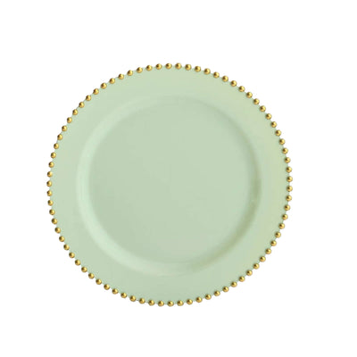 Mint green plate with gold beaded rim on a white background