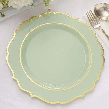 10 Pack Sage Green Plastic Dinner Plates Disposable Tableware Round With Gold Scalloped Rim 10"
