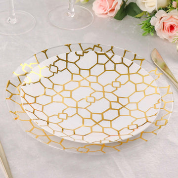 20 Pack Set White & Clear Geometric Gold Print Plastic Plates, Disposable Round Dinner and Salad Party Plate Set 9", 7"