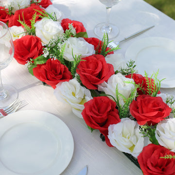 Add a Touch of Opulence with the Red Ivory Silk Rose Flower Panel Table Runner