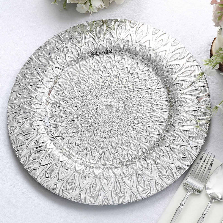 6 Pack | 13inch Silver Embossed Peacock Design Plastic Serving Plates, Round Charger Plates#whtbkgd