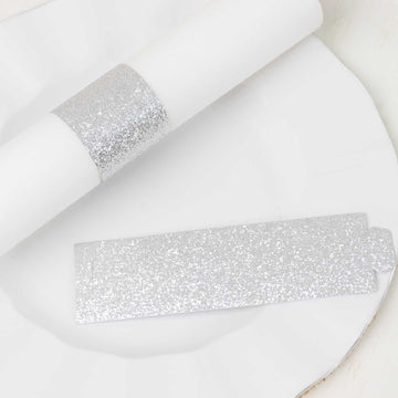 50 Pack Silver Glitter Paper Napkin Rings, Disposable Napkin Holders - 1.5"