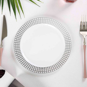 10 Pack Silver Plaid Hot Stamped Rim White Plastic Dessert Plates, Round Disposable Checkered Rim Appetizer Plates 8"