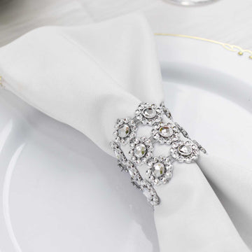 10 Pack Silver Sunflower Diamond Rhinestones Napkin Rings With Velcro, Elegant Wedding Napkin Holders