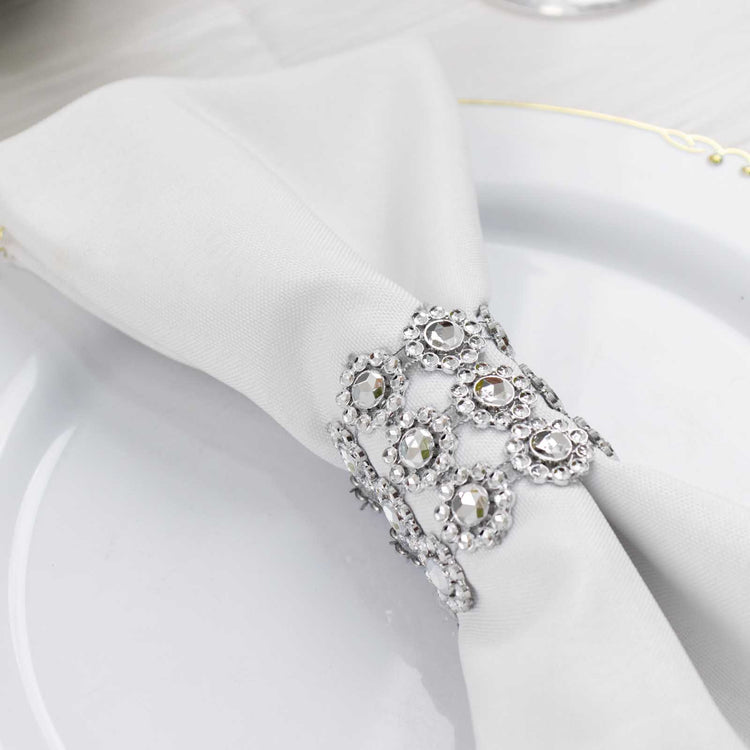 10 Pack Silver Sunflower Diamond Rhinestones Napkin Rings With Velcro, Elegant Wedding Napkin Holder