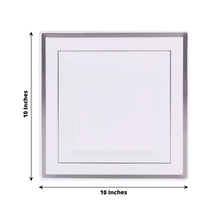 10 Pack - 10inch Silver Trim White Square Plastic Disposable Dinner Plates