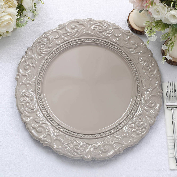 6 Pack | 14inch Taupe Vintage Plastic Serving Plates With Engraved Baroque Rim
