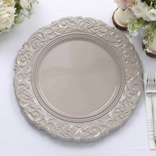 6 Pack | 14inch Taupe Vintage Plastic Serving Plates With Engraved Baroque Rim