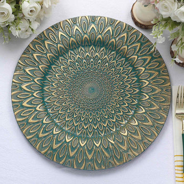 6 Pack Teal / Gold Embossed Peacock Design Plastic Serving Plates, Round Disposable Charger Plates 13"