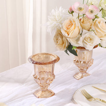 2 Pack Classic Roman Urn Style Amber Glass Flower Vases, Mini Pedestal Vase Table Centerpieces - 6.5"