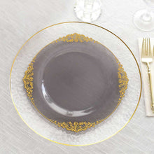 10 Pack Transparent Black Plastic Dinner Plates with Gold Leaf Embossed Baroque Rim Round Disposable