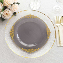 10 Pack Transparent Black Plastic Dinner Plates with Gold Leaf Embossed Baroque Rim Round Disposable